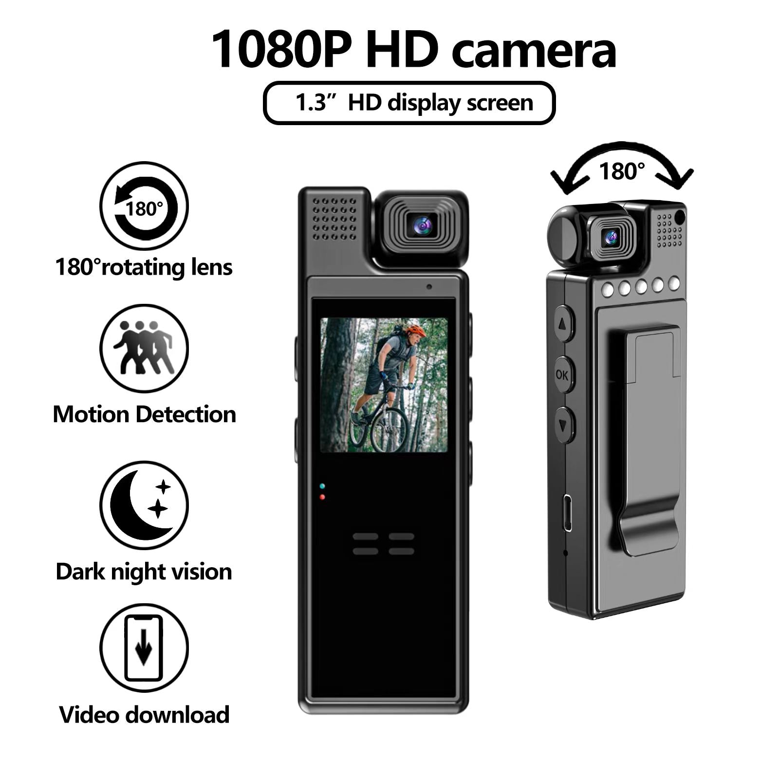 Body Worn Camera 1080P HD with Infrared Night Vision & Noise Filtering Wearable Security Camcorder Clip-On 1.3" Full Color Screen for Law Enforcement