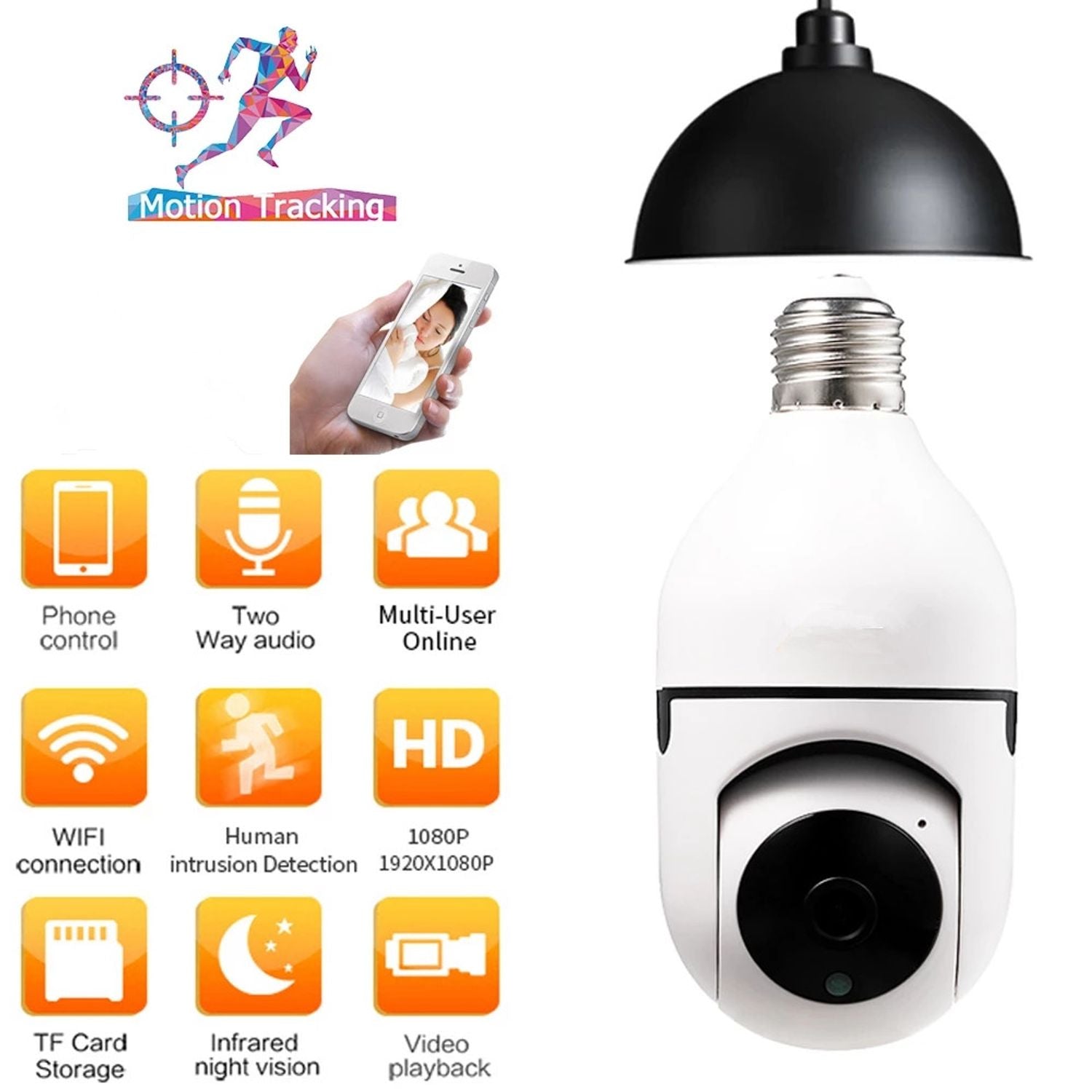 QTZ E27 Vision nocturne WIFI ou caméra de vidéosurveillance de sécurité vidéo sans fil IP 