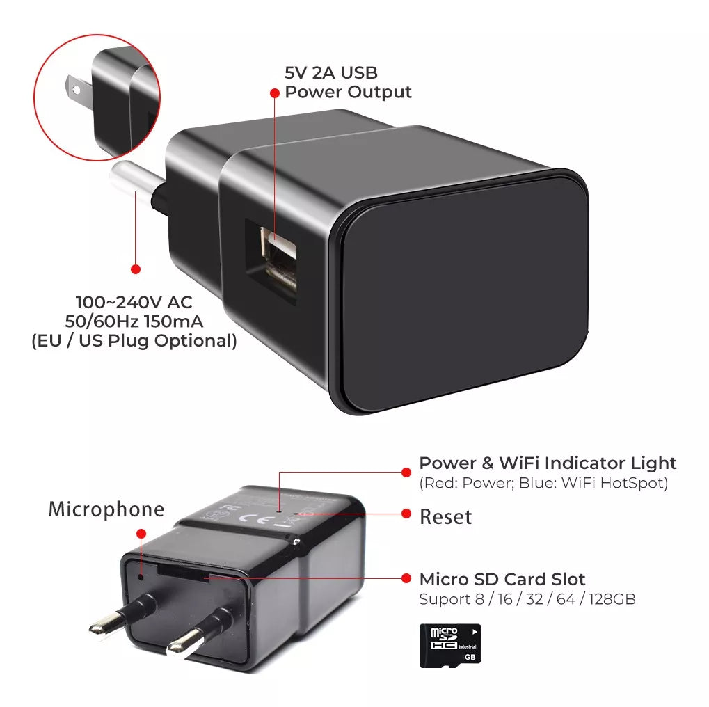 QZT WCEU WiFi FULL HD caméra espion cachée dans l'adaptateur de chargement de téléphone portable détection de mouvement 