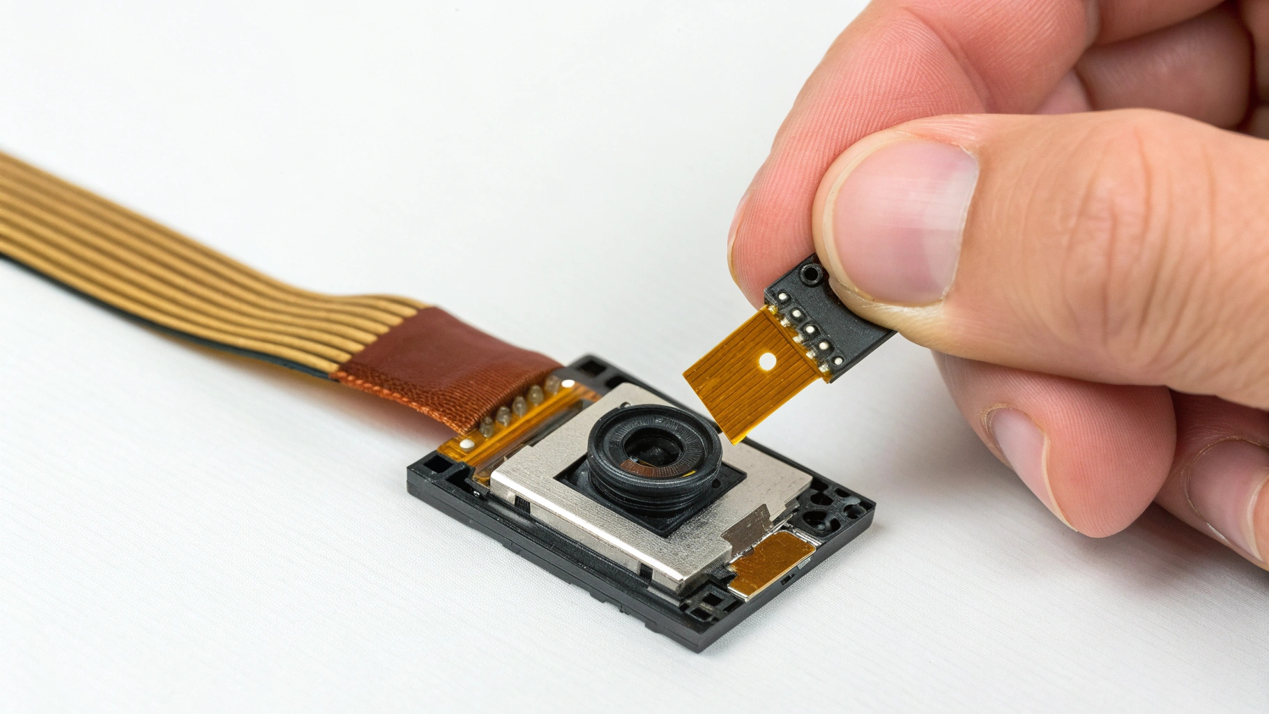 A DIY micro camera module kit with its components laid out