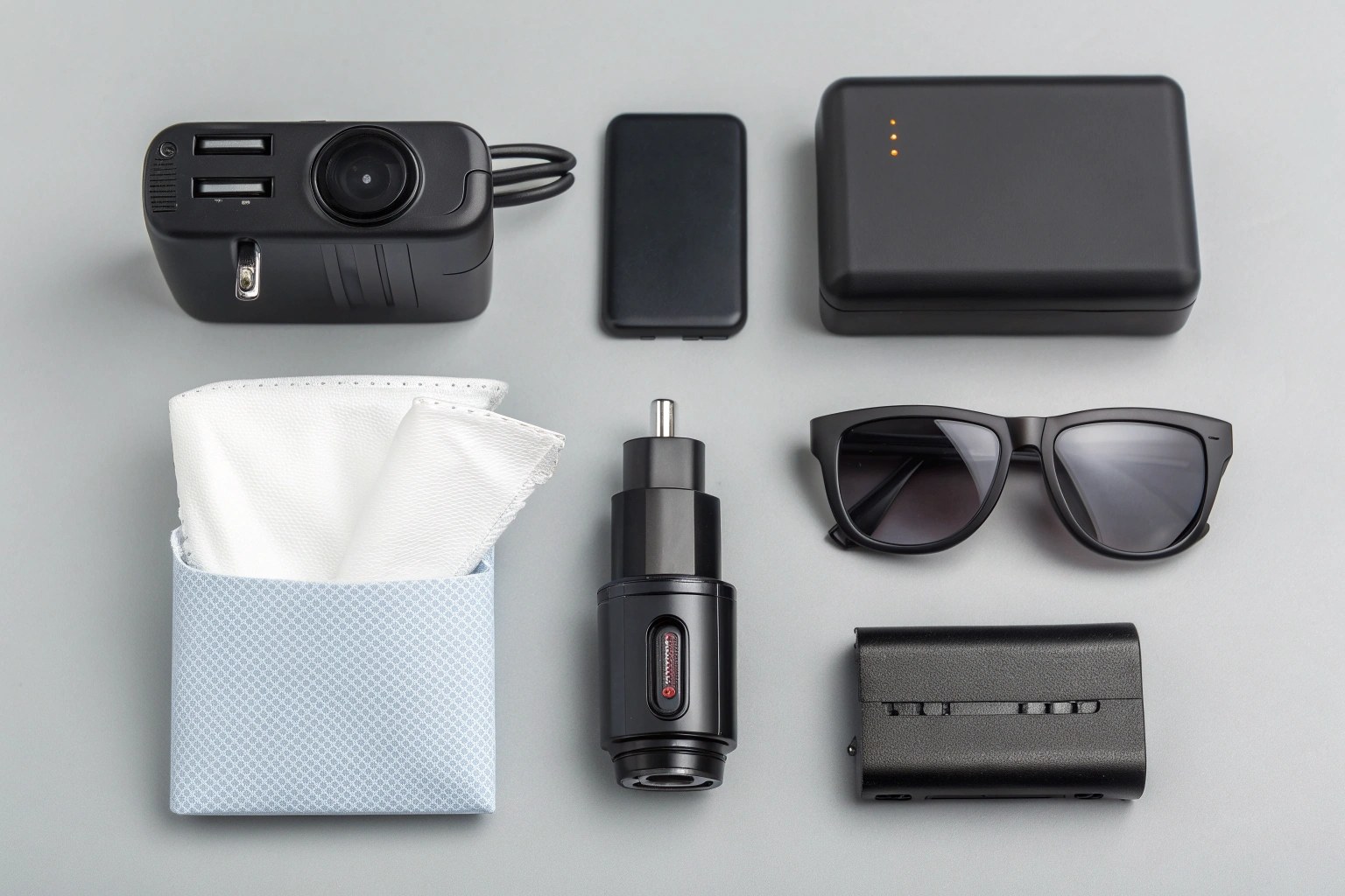 A collection of common car items like a USB charger, a tissue box, and a sunglass clip, each secretly hiding a mini camera lens