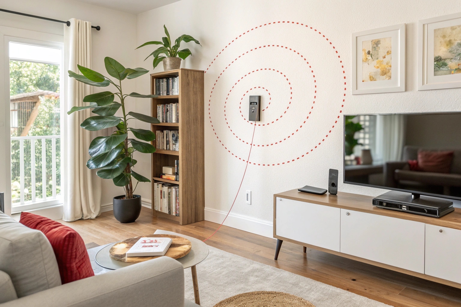 A living room scene with circles highlighting clever hiding spots for spy cameras, like in a plant, behind a book, or in a wall socket