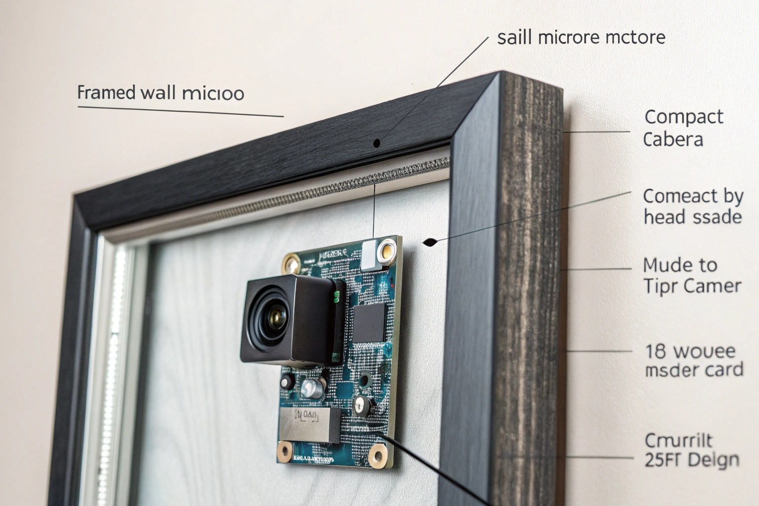 A cutaway diagram showing a small camera lens and module concealed behind the glass of a wall mirror.