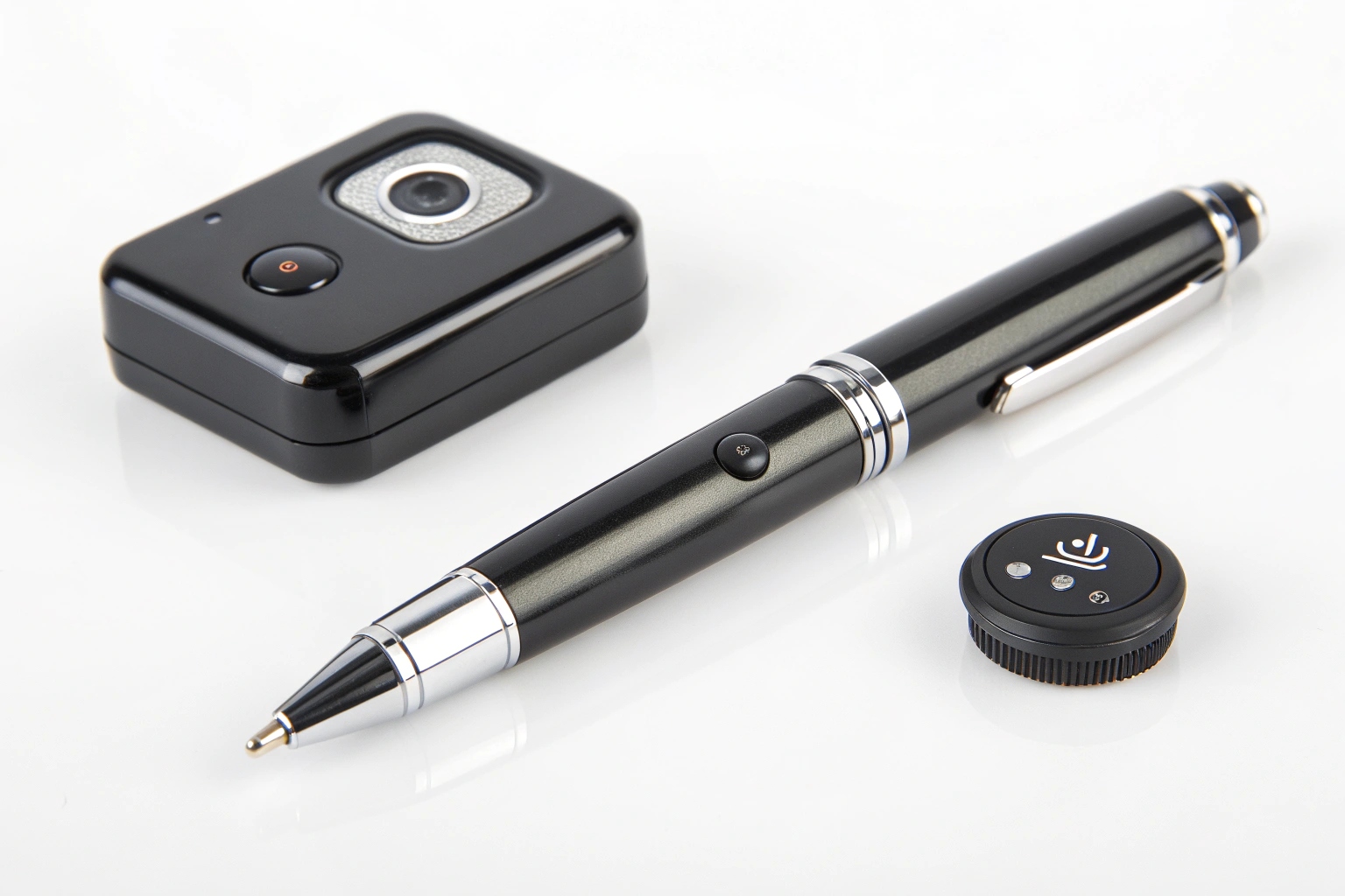 A video shooting pen next to a small button camera