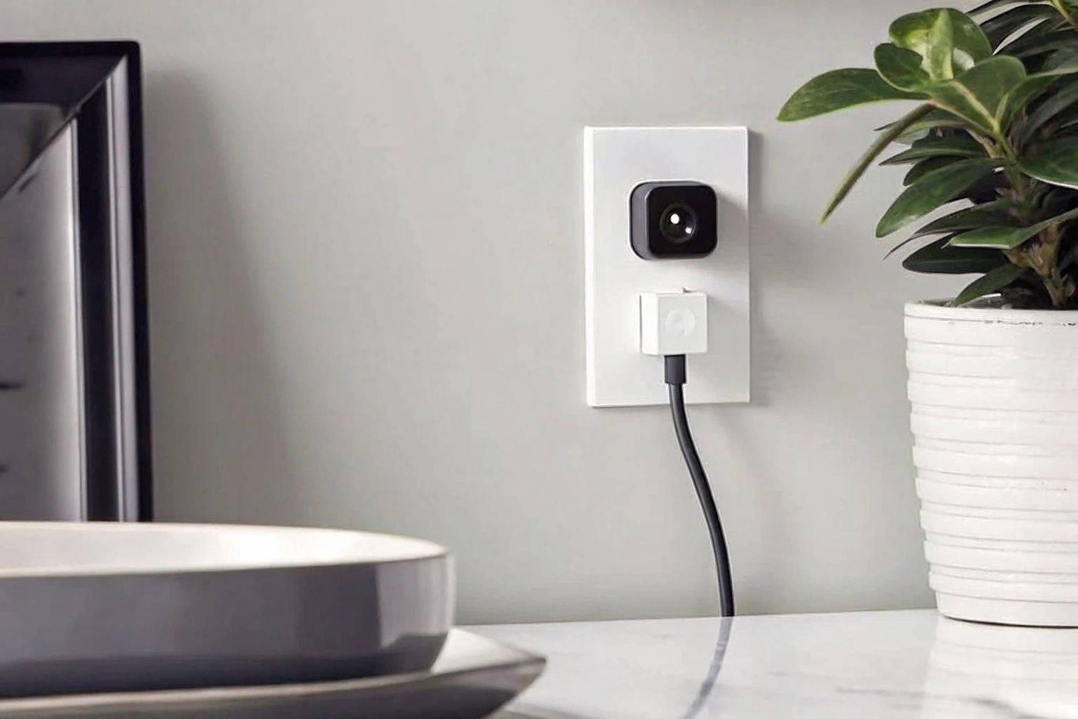 Un caricabatterie da muro USB bianco collegato a una presa, con una piccola lente della fotocamera quasi invisibile sulla sua superficie