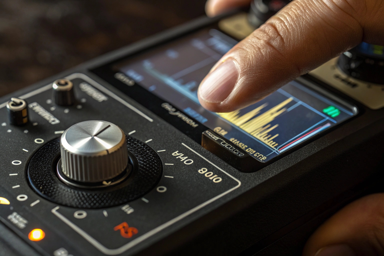 A close-up shot of a hand adjusting the sensitivity dial on an RF detector, with the signal strength meter on the screen reacting.