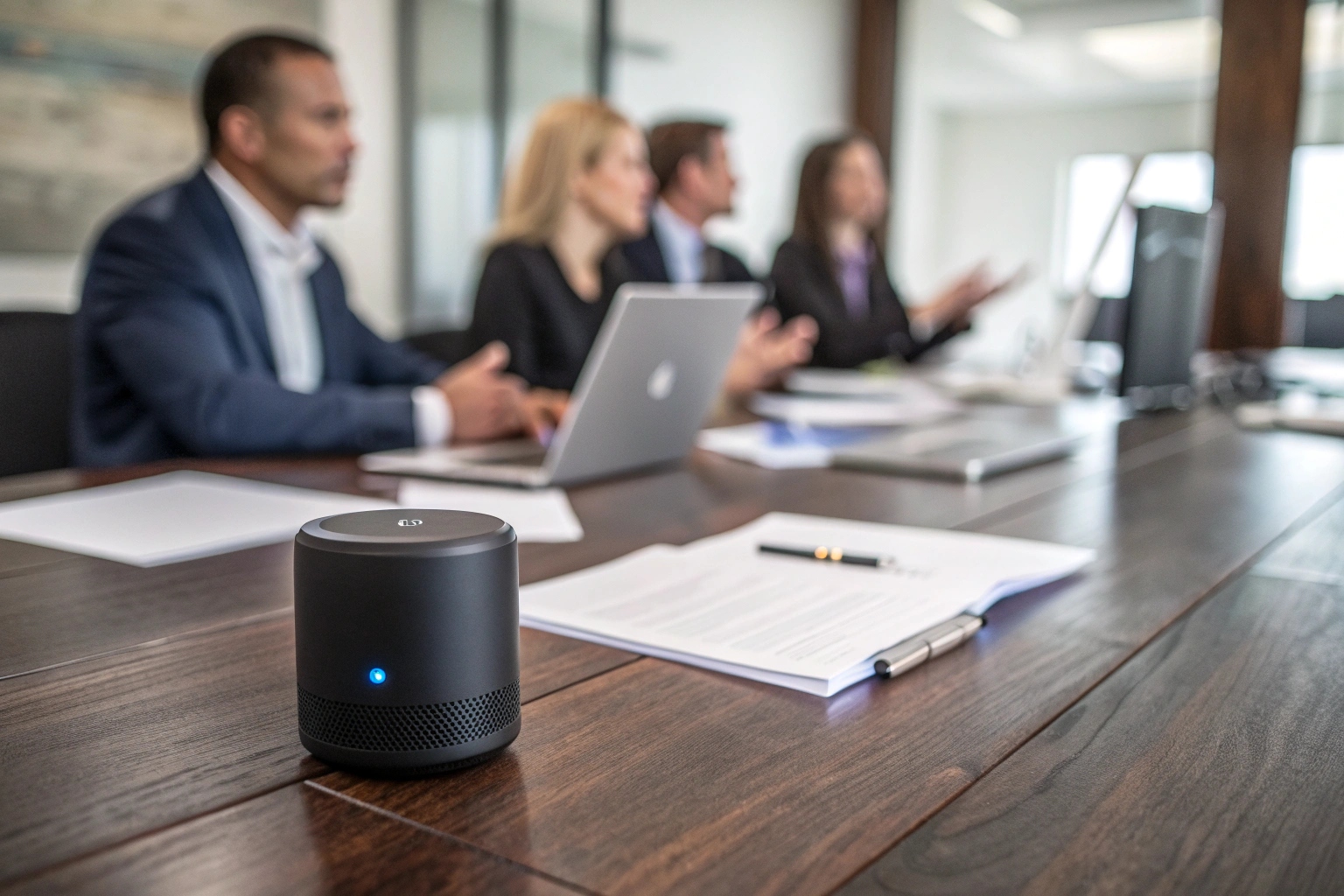 A sleek, modern audio jammer device sitting discreetly on a corporate boardroom table during a meeting