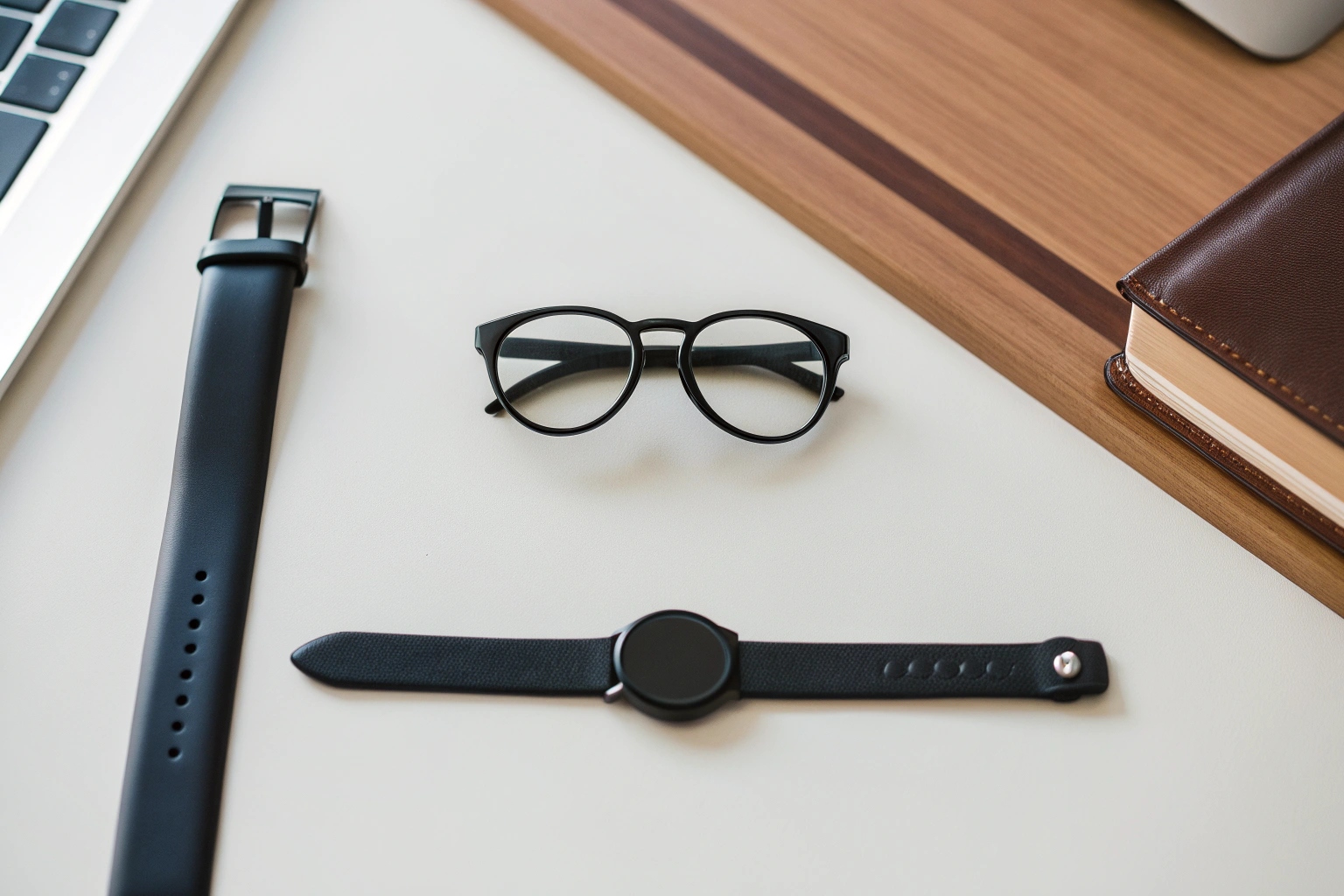 A collection of wearable spy cameras including glasses and a watch on a table