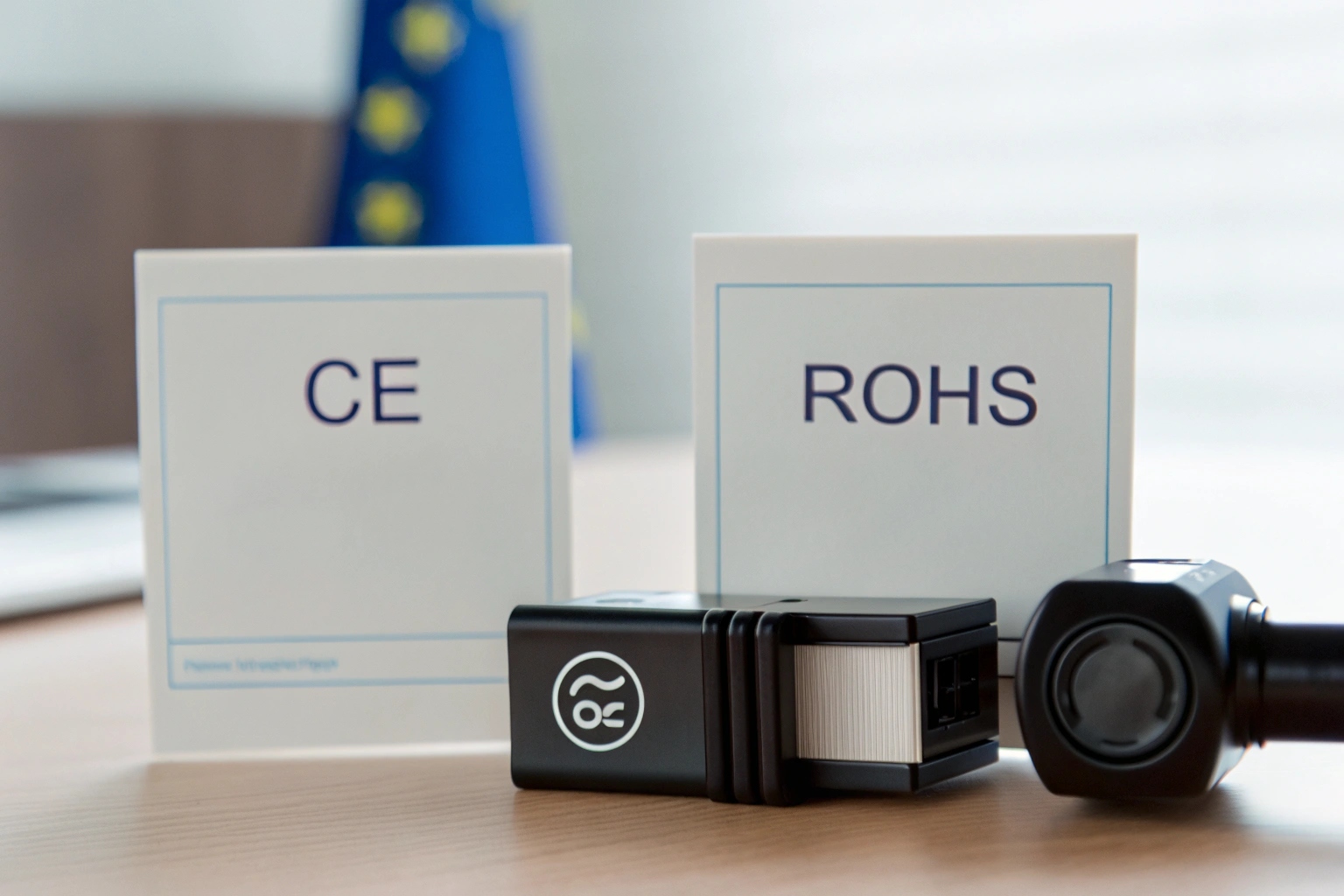 A certified CE ROHS document next to a modern sleek body camera