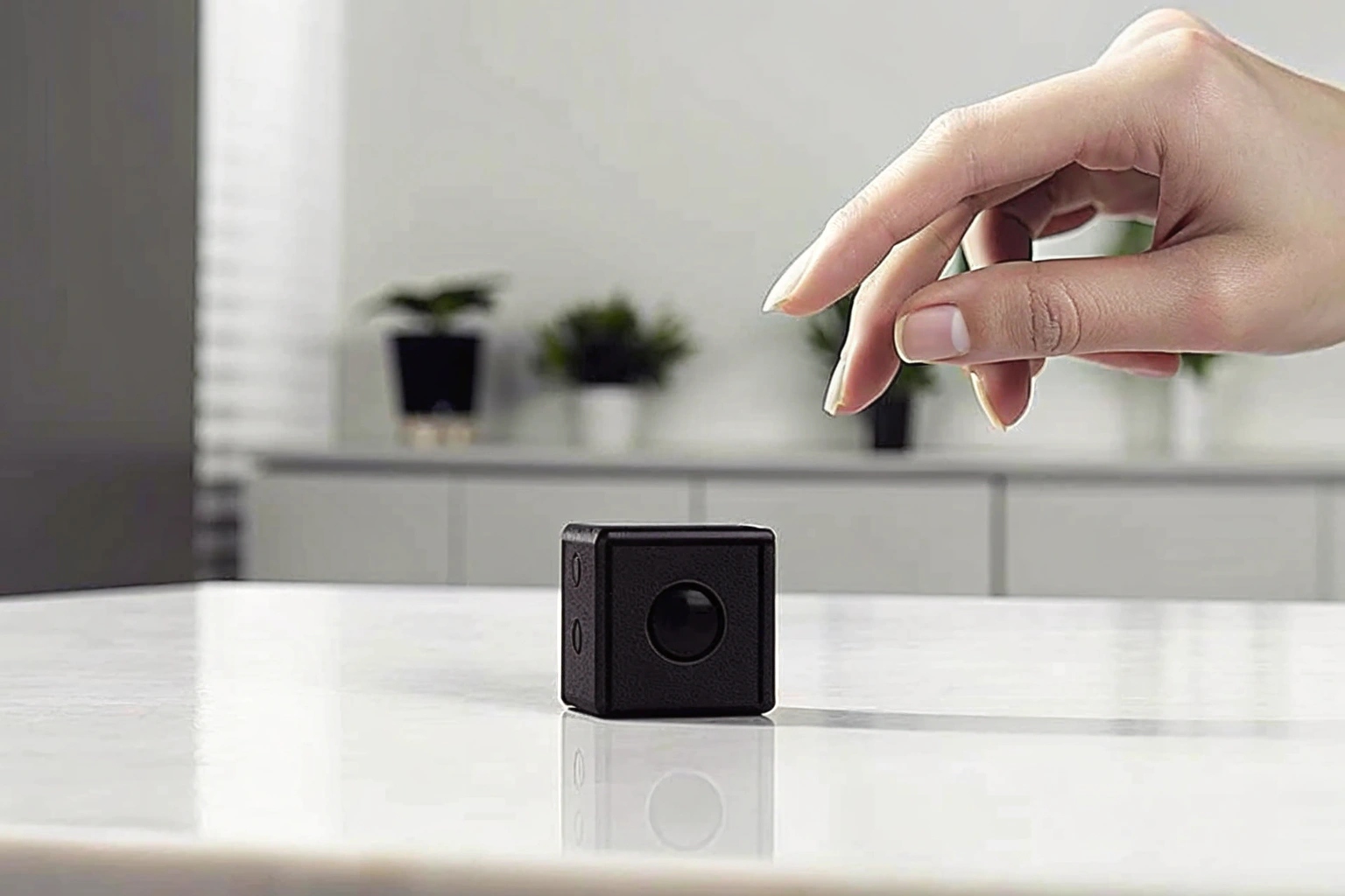 Primo piano di una minuscola e discreta telecamera spia da 1080p tenuta tra due dita