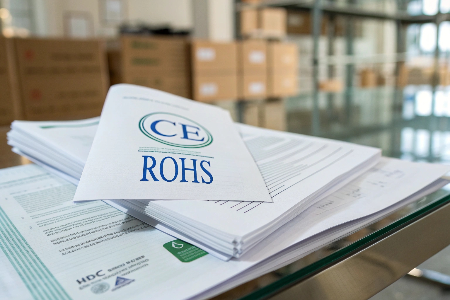 A stack of documents showing CE and RoHS certifications