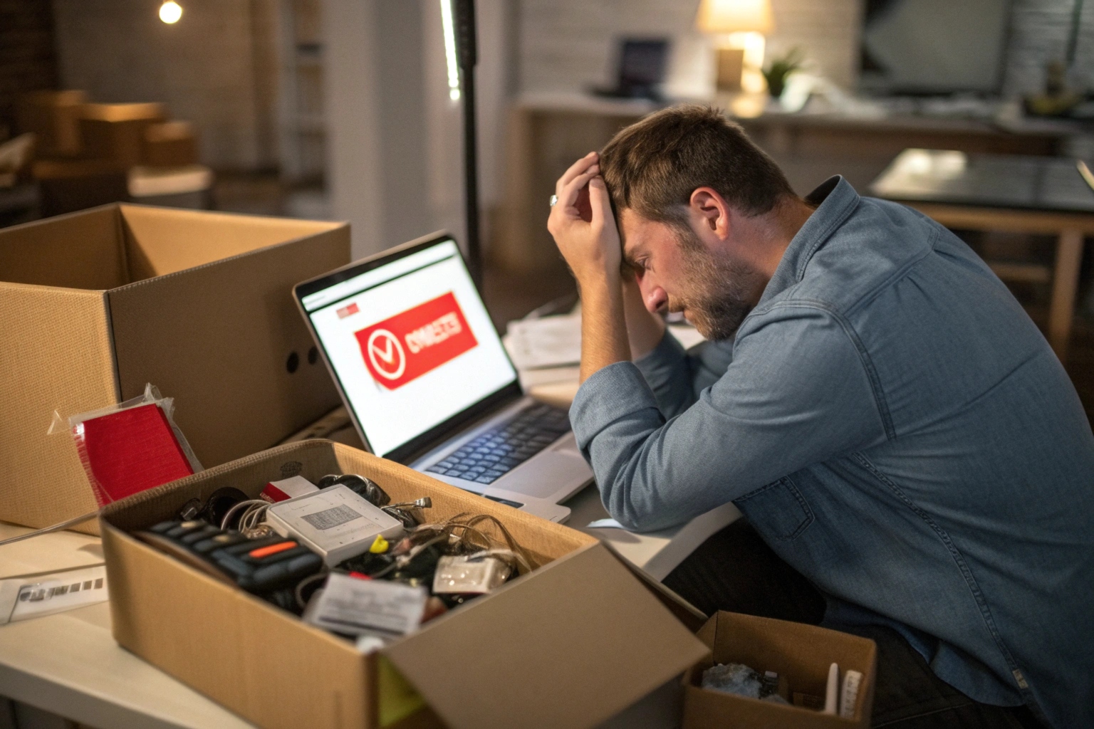 A frustrated business owner looking at returned electronics boxes