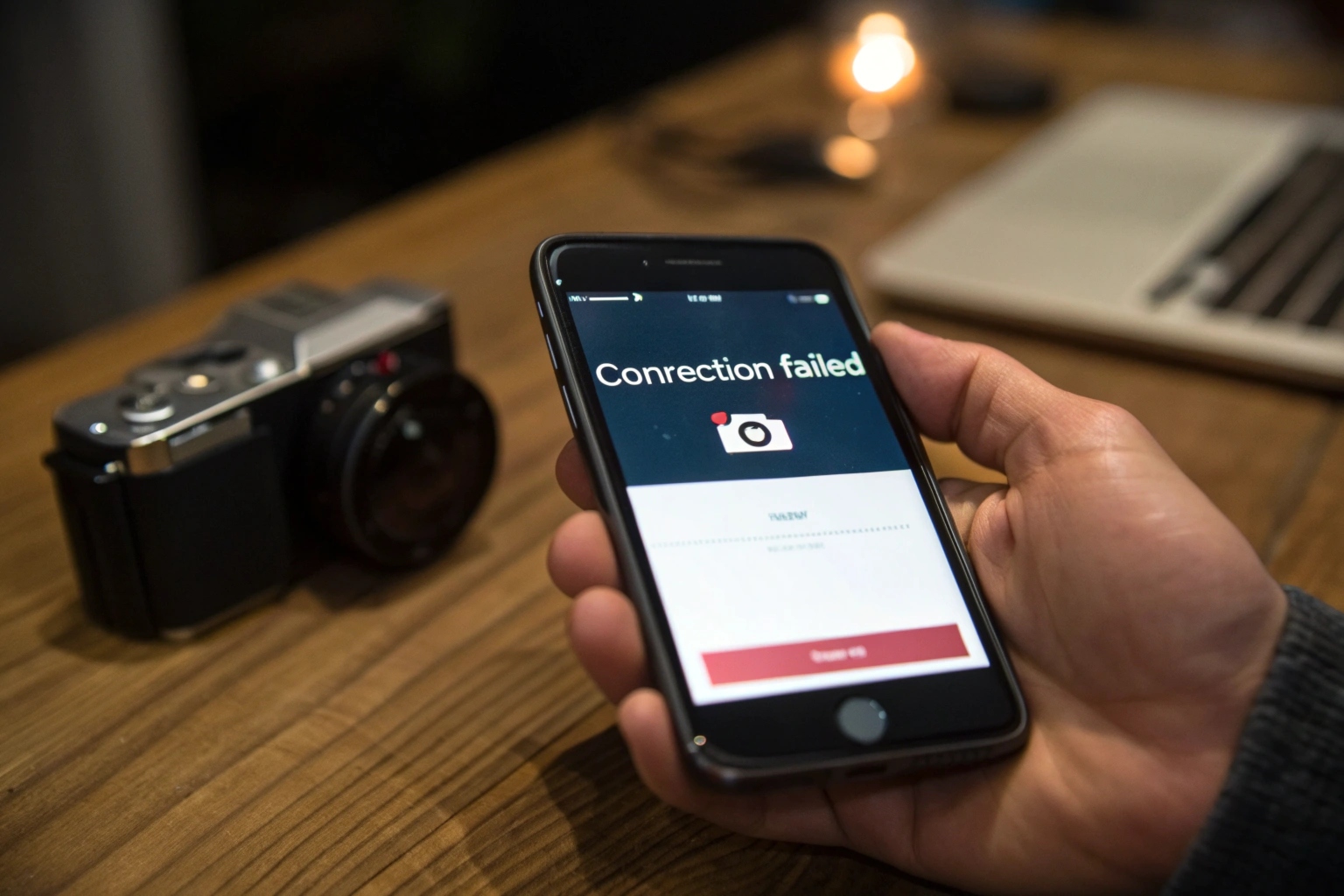 A frustrated user looking at a phone screen with a connection error