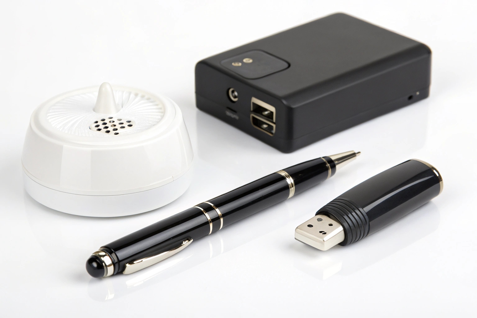 A collection of spy gear including a pen camera smoke detector and charger camera