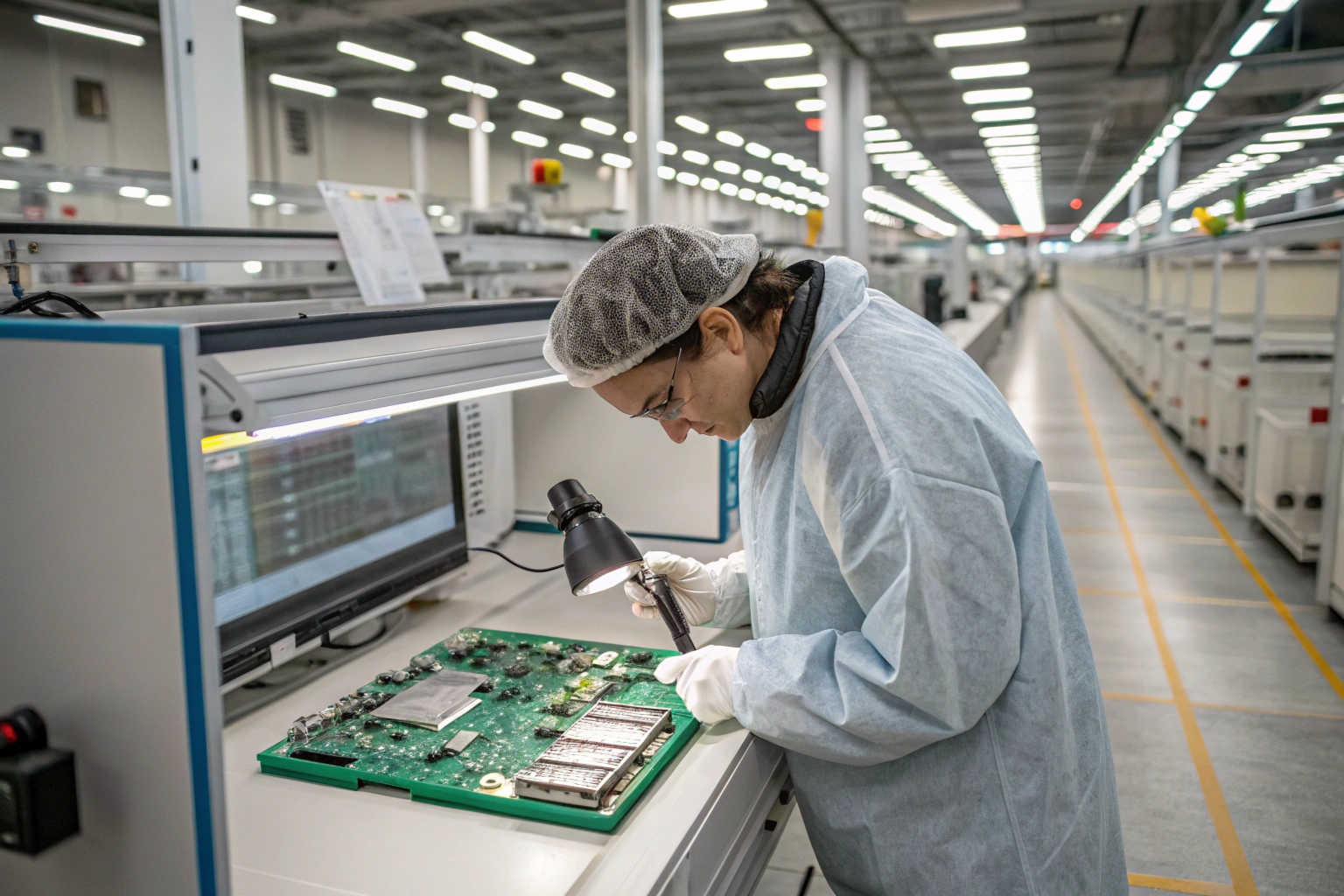 A technician testing circuit boards in a clean electronics factory