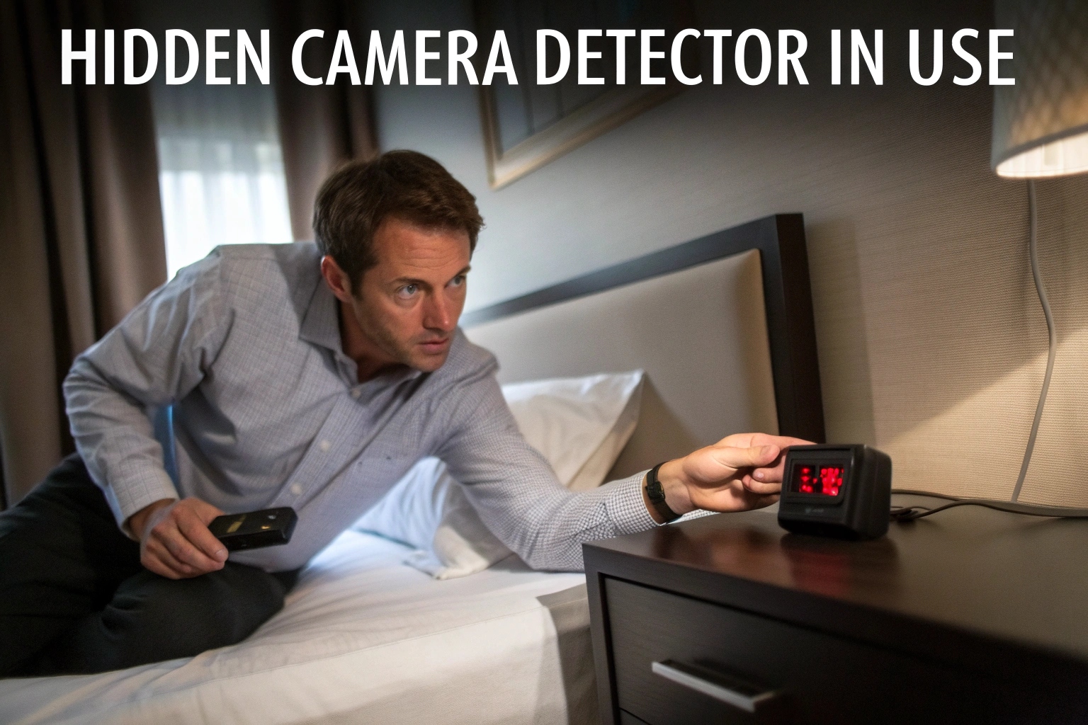 A person using a handheld detector to scan objects in a modern hotel room