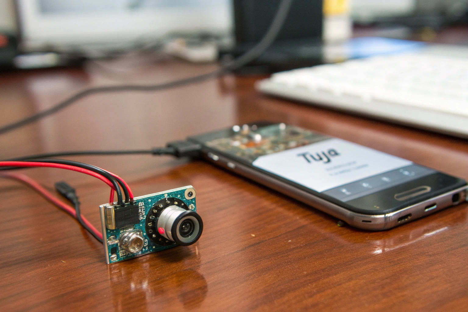 A discreet hidden camera module sitting on a wooden desk