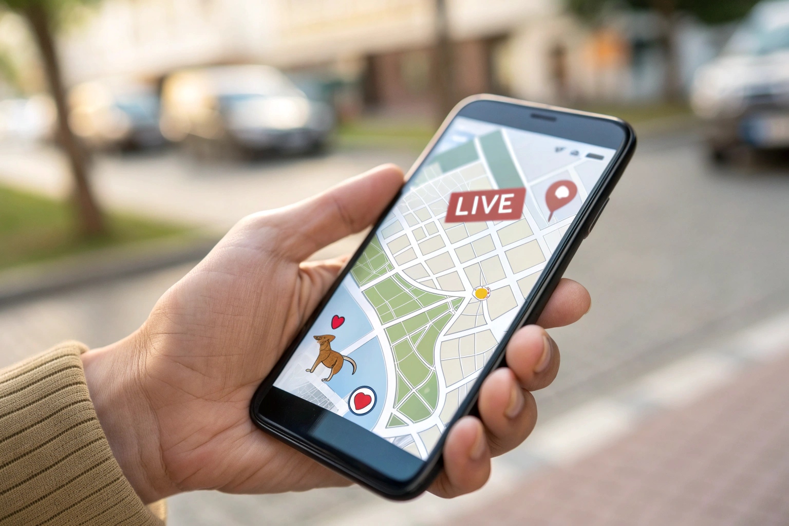 Un écran de smartphone affichant la position précise de l'animal sur une carte