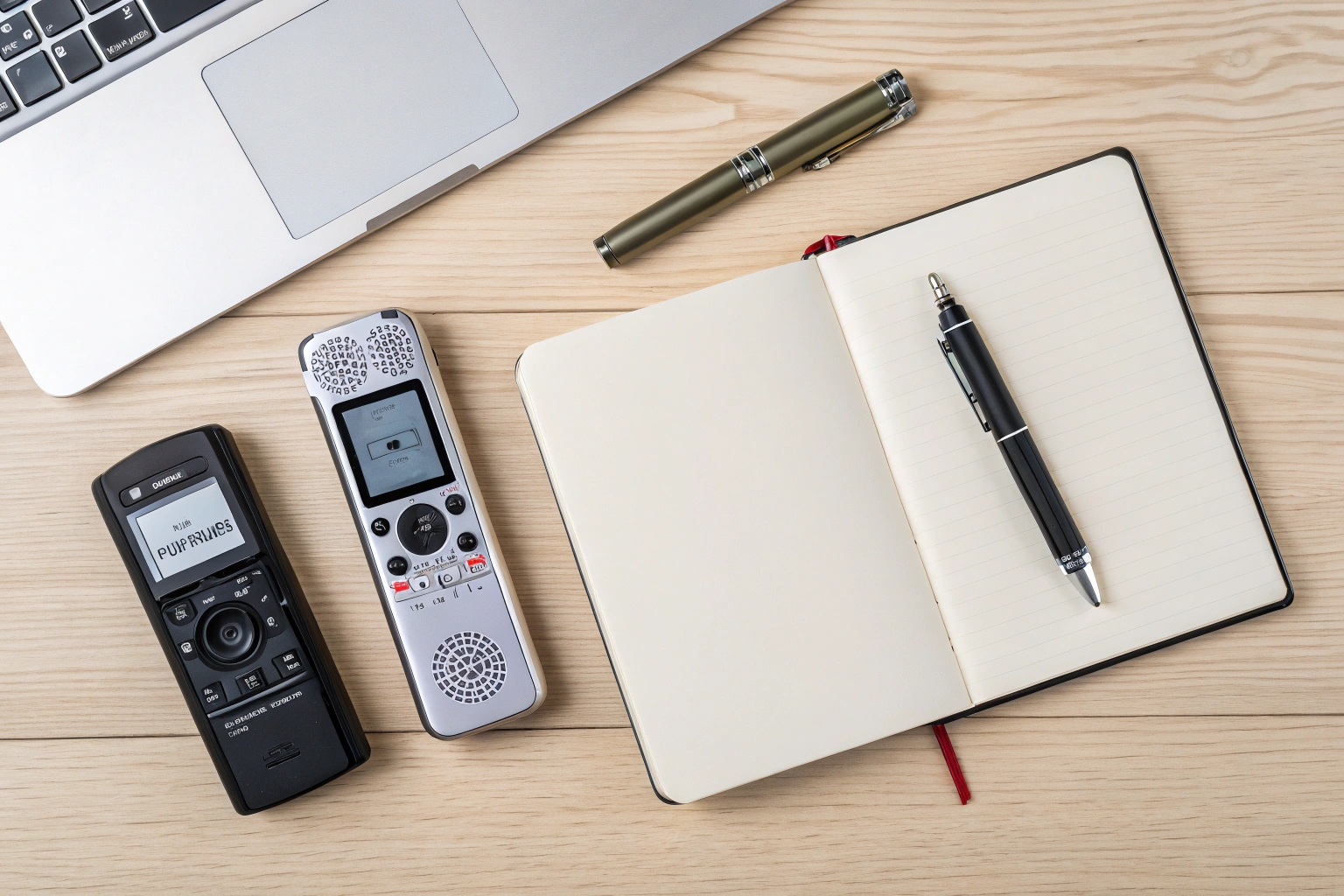 Un bureau aménagé en espace de travail, avec plusieurs enregistreurs vocaux différents, un bloc-notes et un ordinateur portable.
