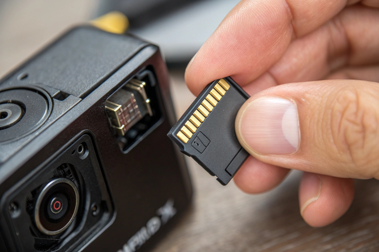 Inserimento manuale di una scheda micro SD in un dispositivo con telecamera nascosta