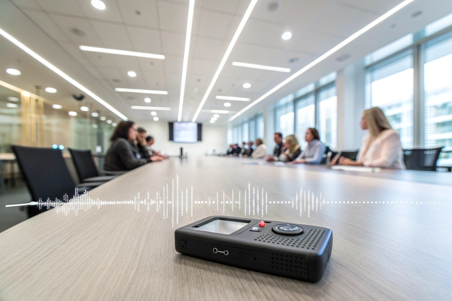 A conference room table with a recorder capturing distant speakers