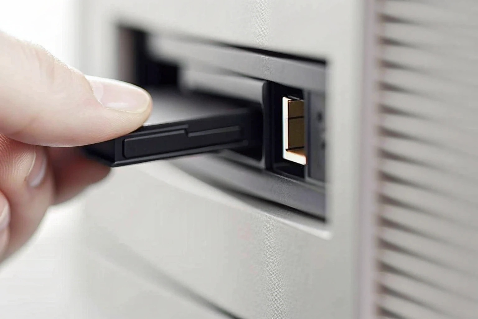 Le dita di una persona che inseriscono con cautela una scheda microSD nello slot di una piccola telecamera spia nera