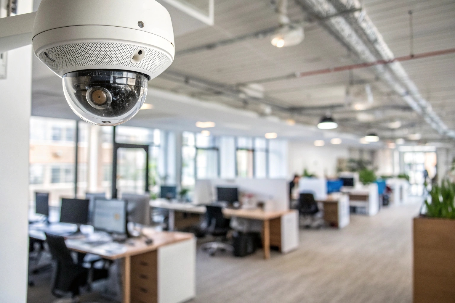 A modern office space with a sleek security camera mounted on the ceiling
