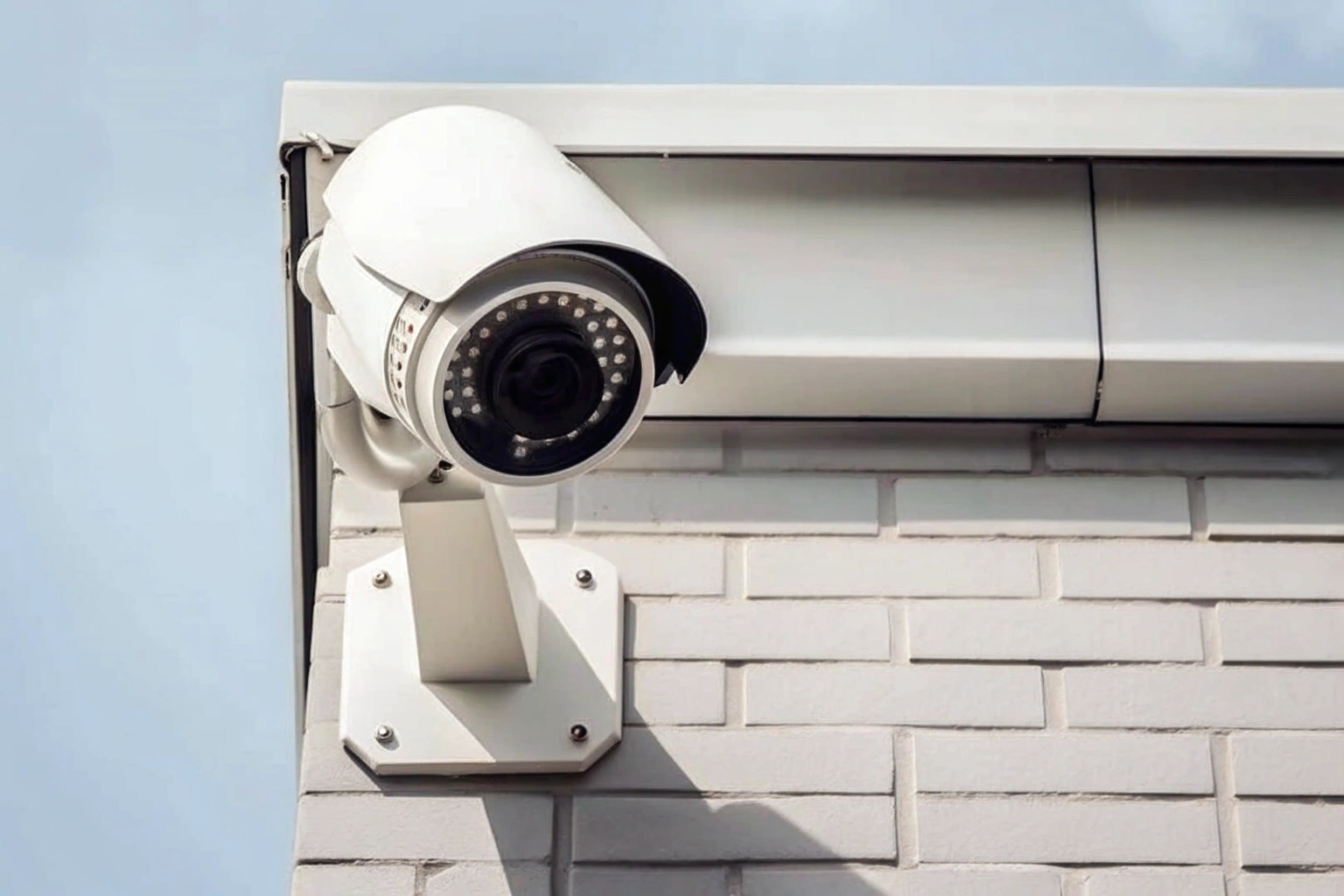 A visible dome security camera mounted on a modern office ceiling