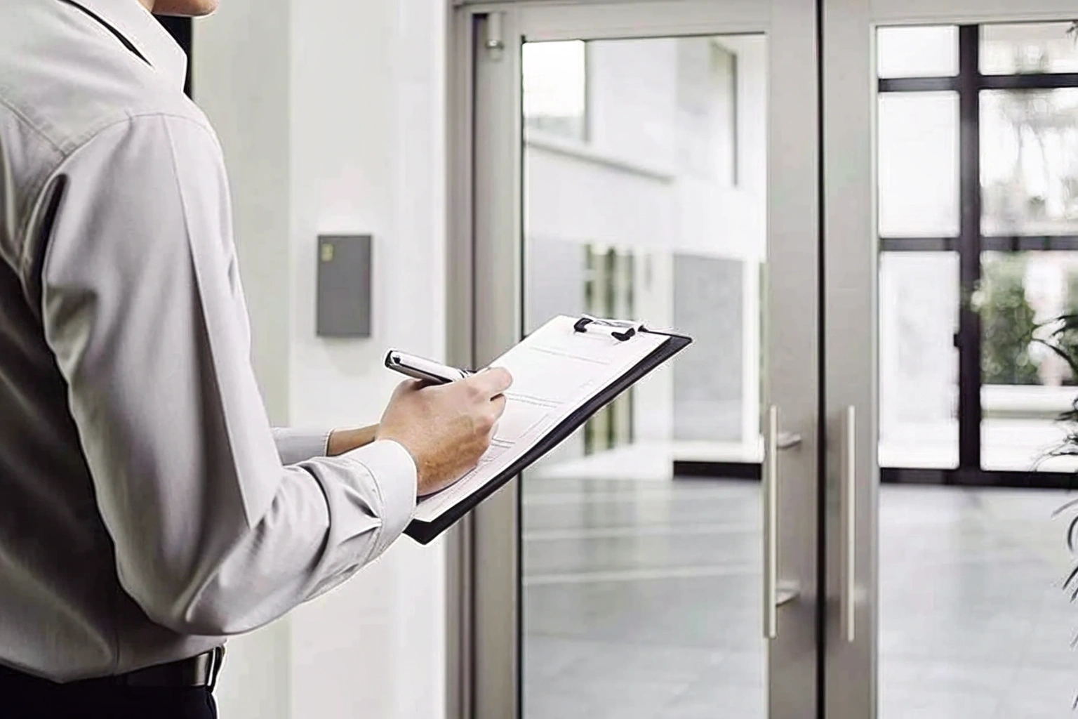 A business owner standing in his store, pointing out locations for security cameras on a floor plan