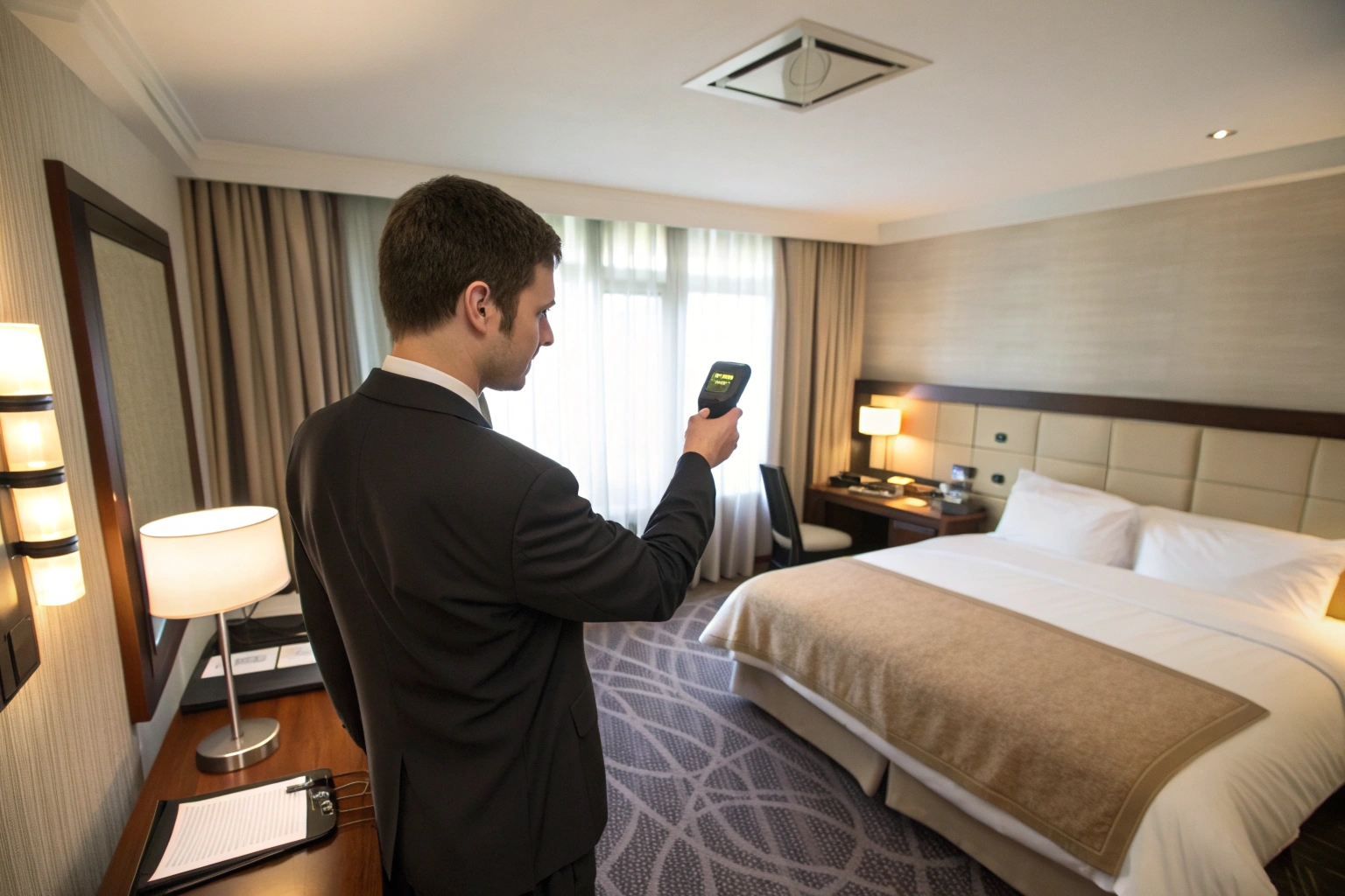 A business professional in a suit using a portable anti-spy detector to scan a hotel room before a meeting.