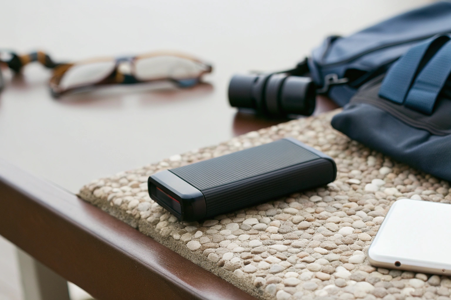 An outdoor power bank hidden camera sitting on a rock near hiking gear
