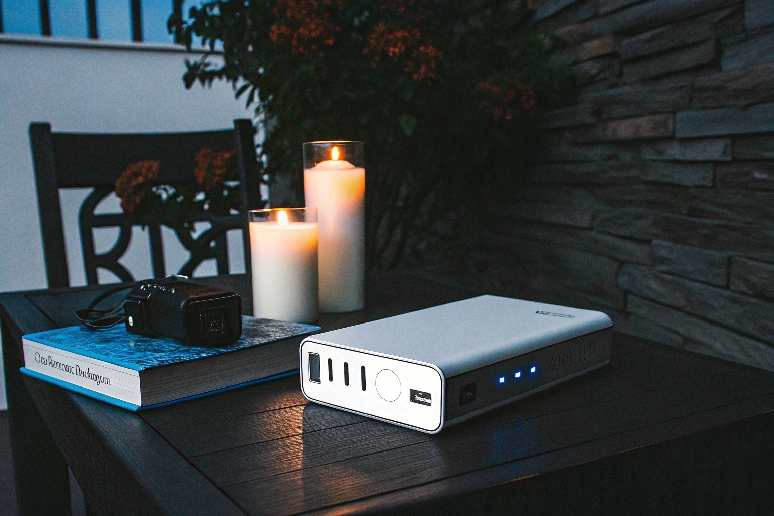 A power bank hidden camera operating on a table during a blackout with candles lit