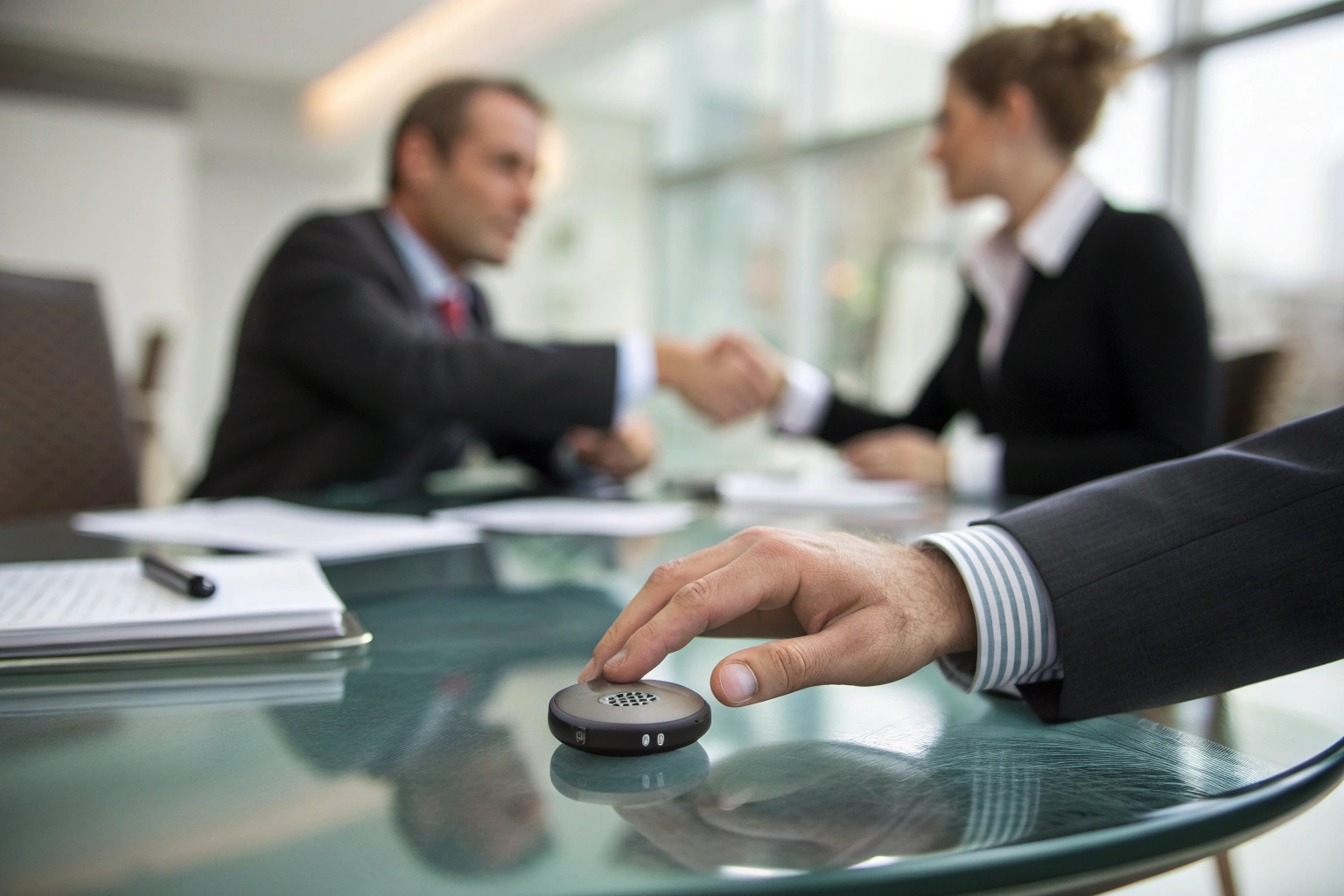 A professional holding a small discreet recorder during a handshake
