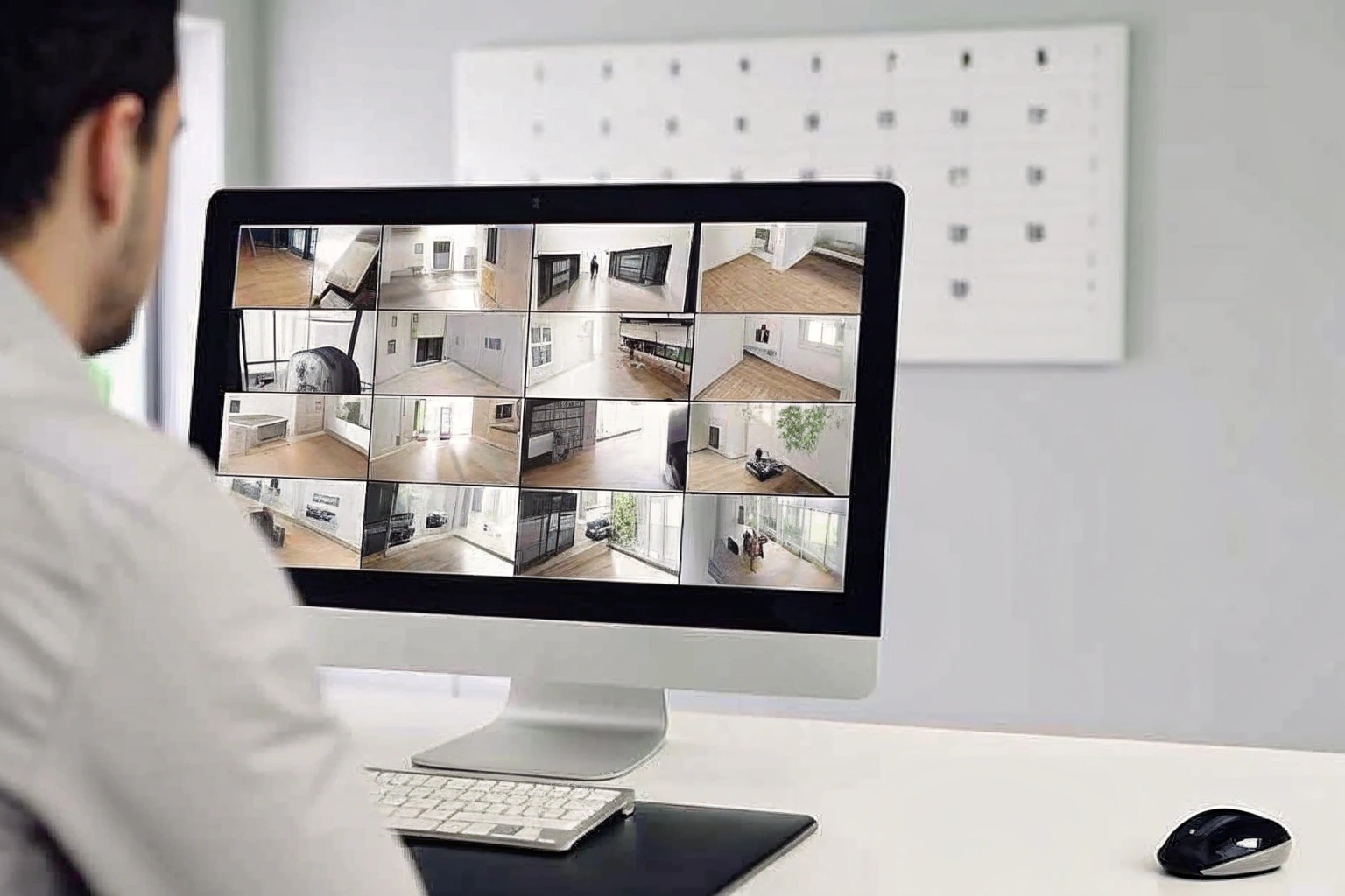 A security professional reviewing recorded footage on a monitor, with a calendar in the background