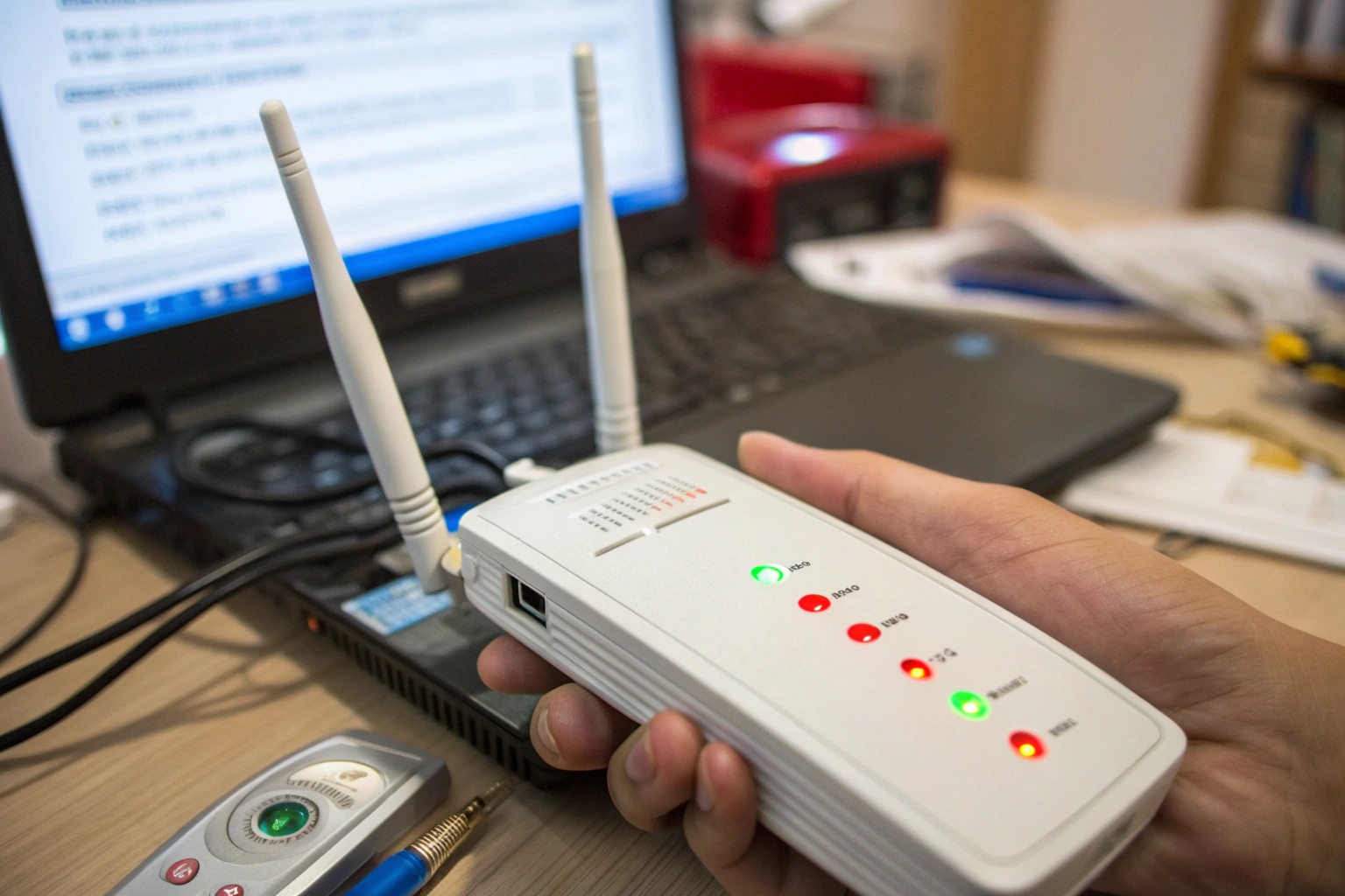 An RF bug detector held near a Wi-Fi router, showing a high signal reading and causing a false alarm