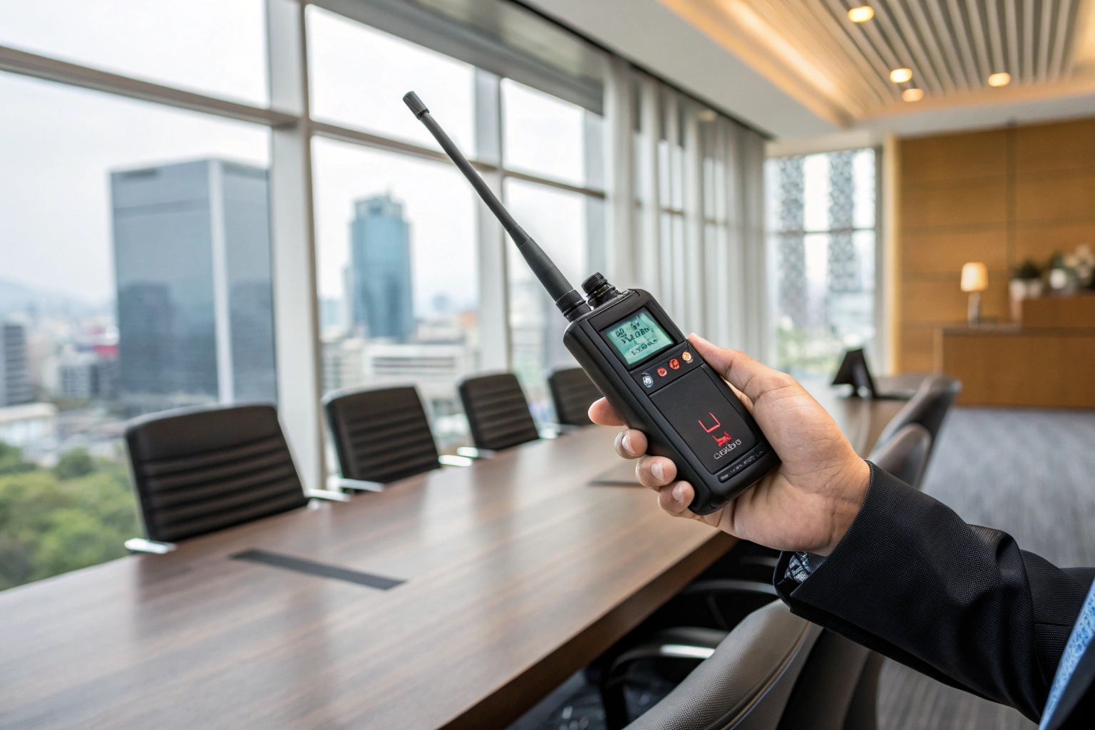 A hand holding an RF signal detector sweeping a modern corporate boardroom.