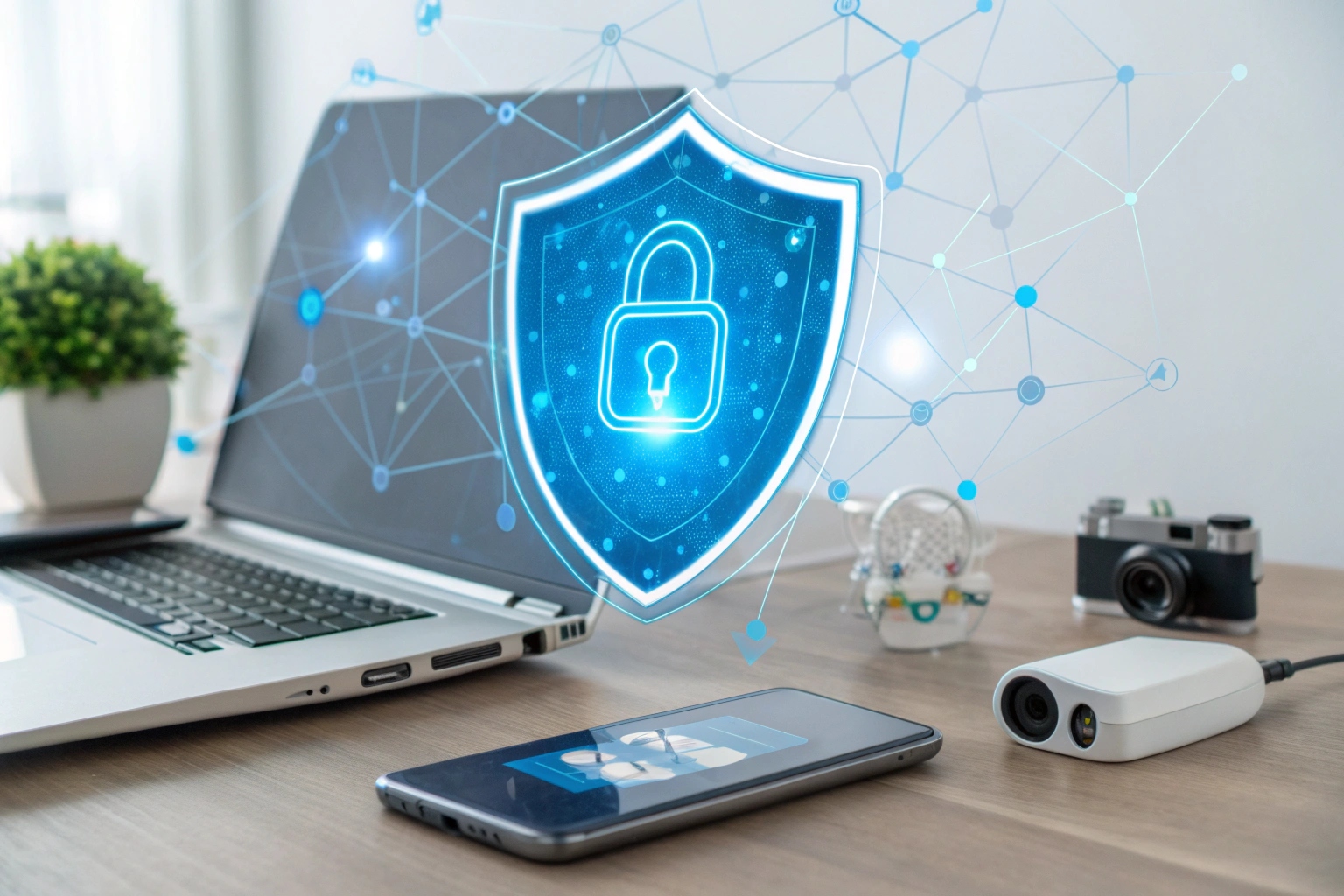 A digital shield icon protecting a smart home dashboard