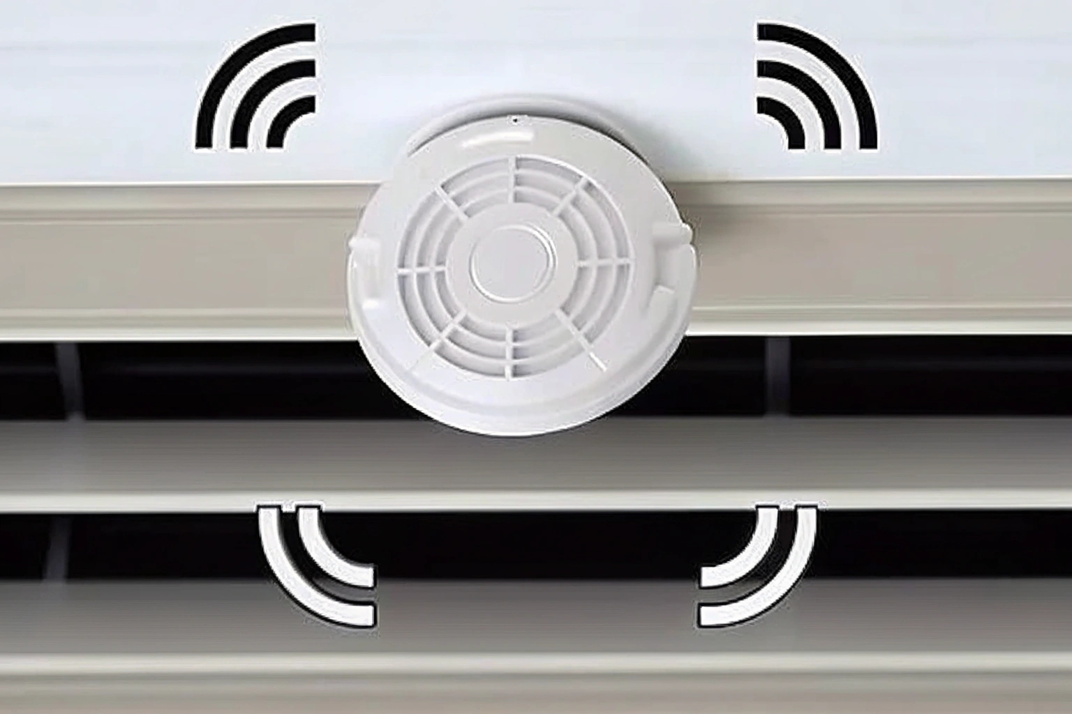 A minimalist graphic showing a smoke detector icon with both a video camera symbol and audio sound waves emitting from it.