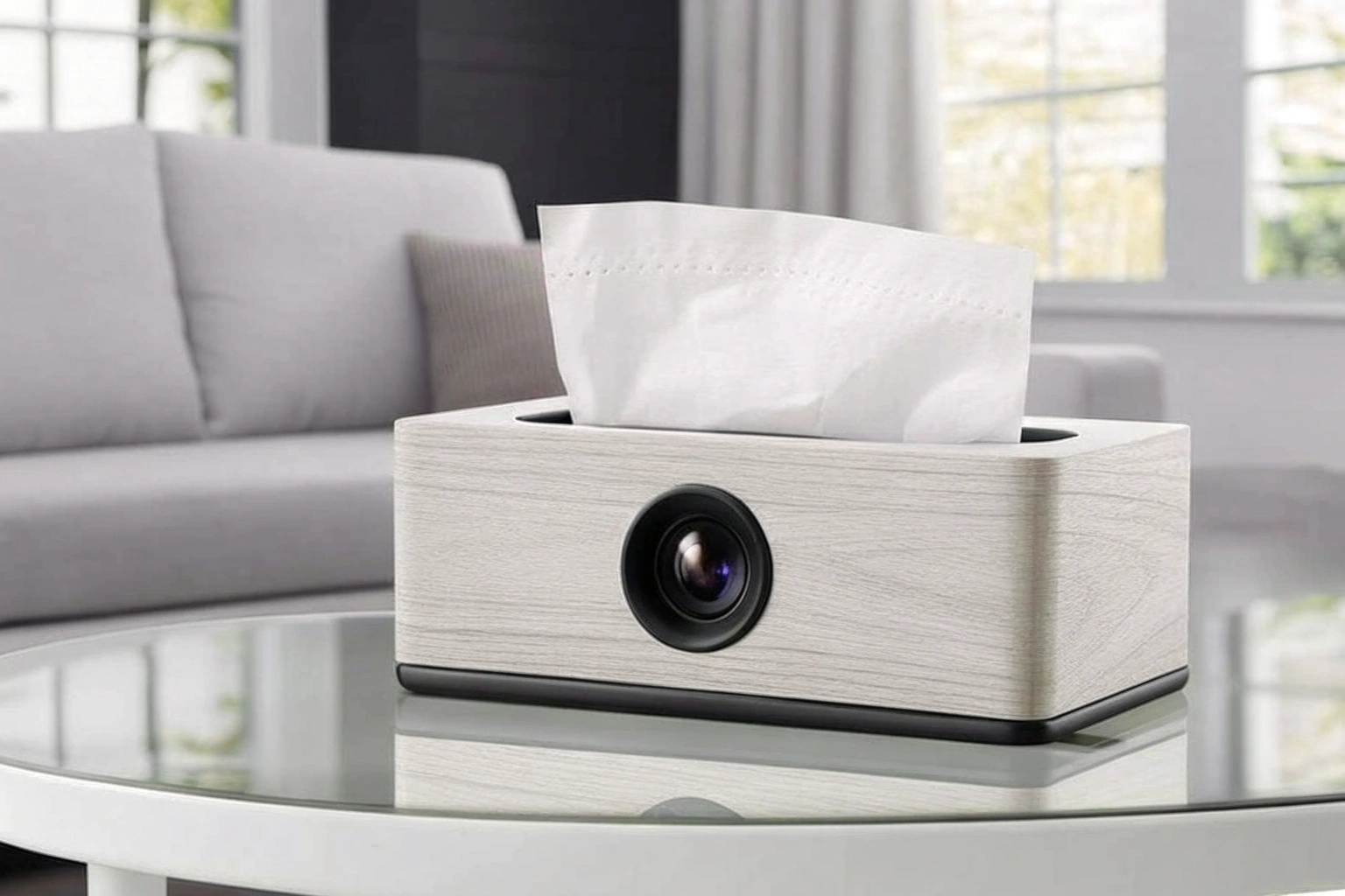 A discreet hidden camera inside a modern tissue box dispenser sits on a living room coffee table.