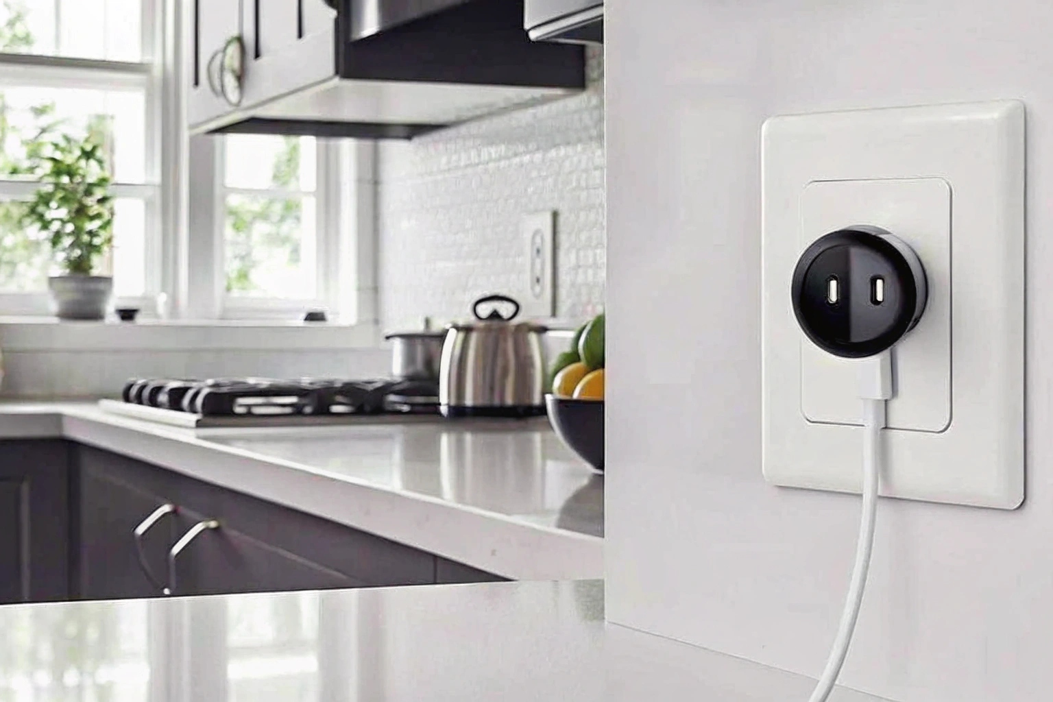 A hidden camera disguised as a white USB wall charger is plugged into a wall outlet.