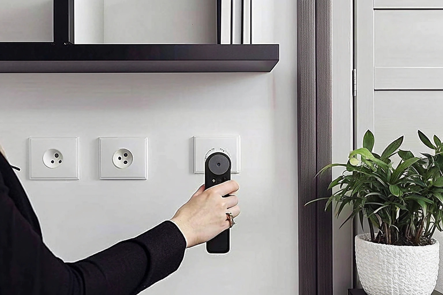 A person is carefully scanning a wall outlet with a handheld RF spy camera detector, which has a glowing red light.