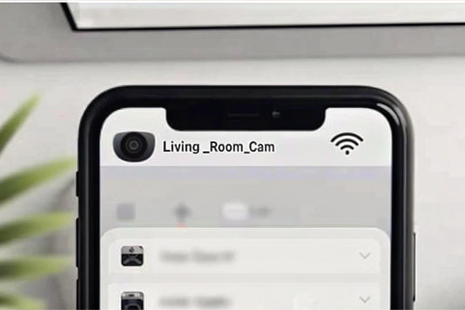 A smartphone screen showing a Wi-Fi network list with one camera clearly labeled "Living_Room_Cam".