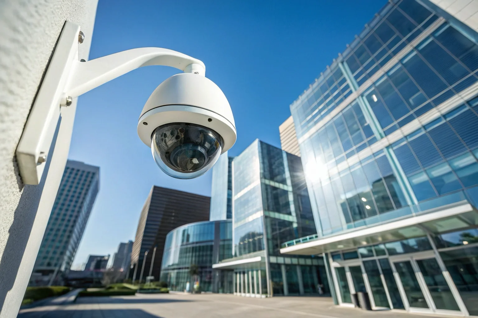 A high-definition 1080p security camera mounted on a modern office building.