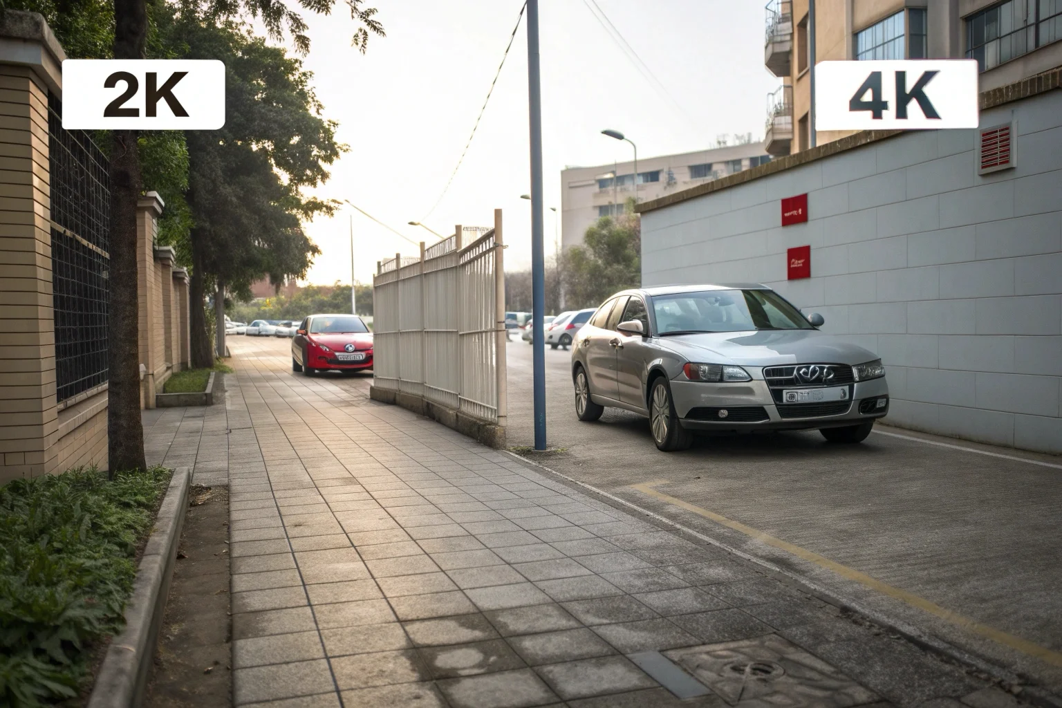 A side-by-side comparison of 2K versus 4K video resolution showing a license plate