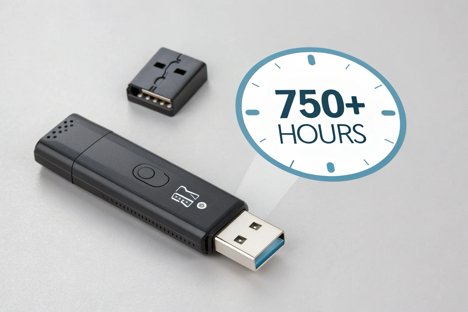 An infographic-style image showing a 64GB USB stick on one side and a large clock icon with "750+ Hours" on the other side.