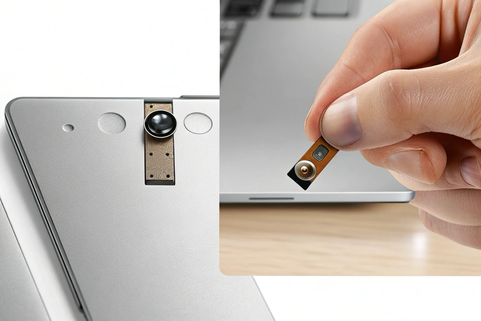 La punta delle dita di una persona che tiene in mano un minuscolo modulo telecamera delle dimensioni di un pulsante per mostrarne le dimensioni ridotte