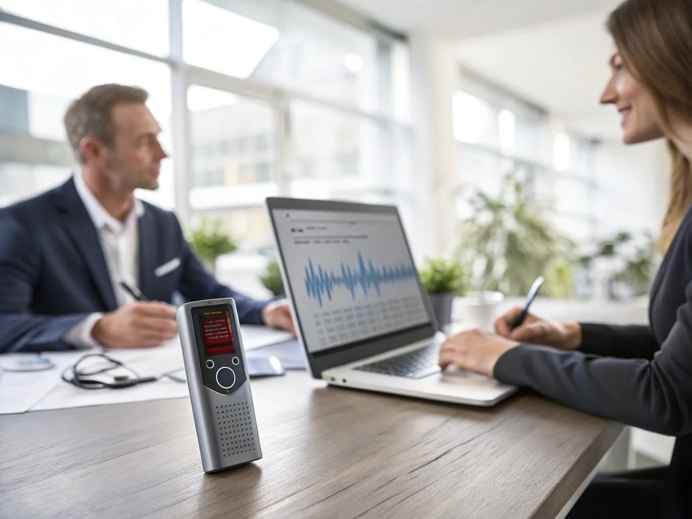 A person in a business meeting using an AI note-taker on their laptop to transcribe the conversation in real-time.