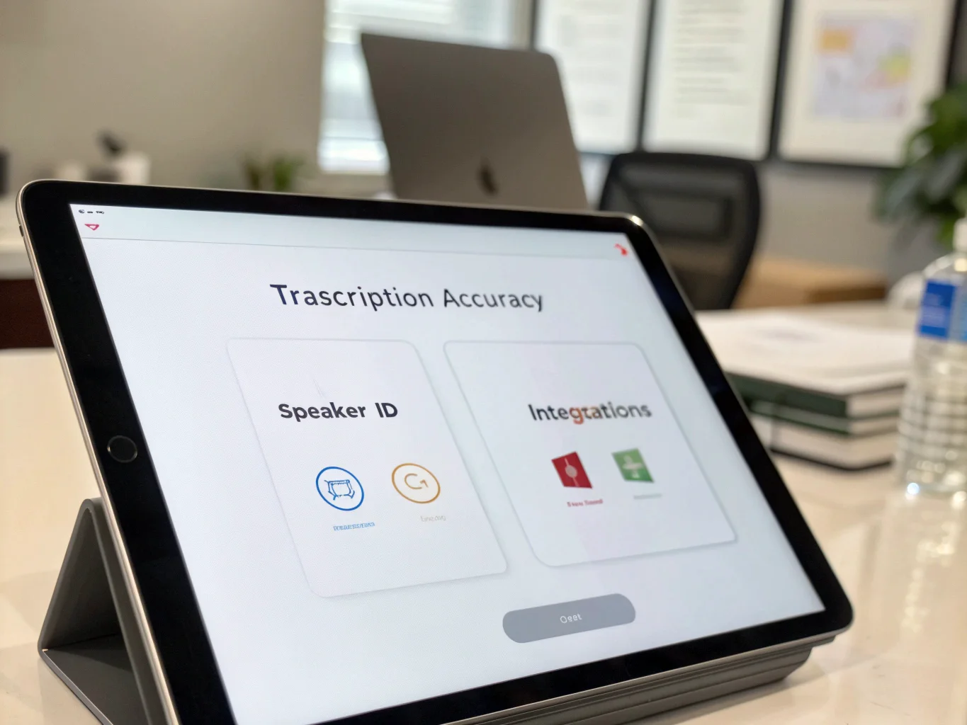 A comparison chart on a tablet screen showing features of different AI note-taking apps.