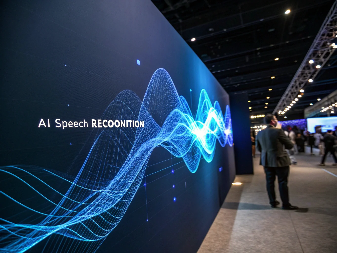 An abstract visualization of sound waves being converted into digital text through a neural network.
