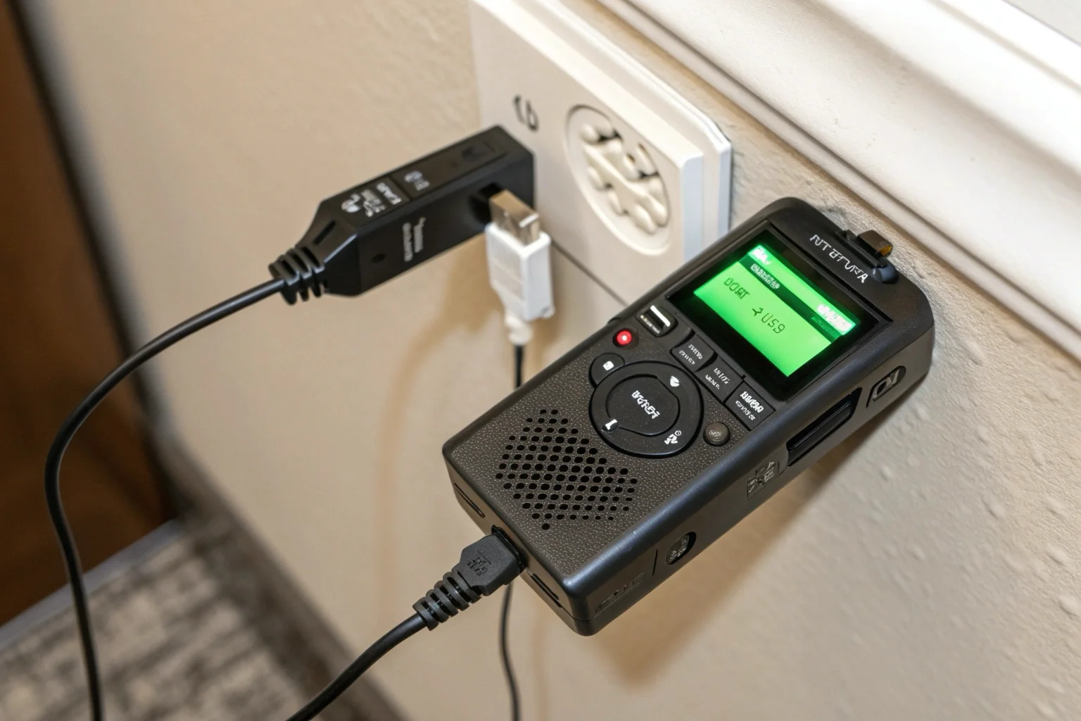 A voice recorder plugged into a charger, with a glowing green battery icon clearly visible on its screen